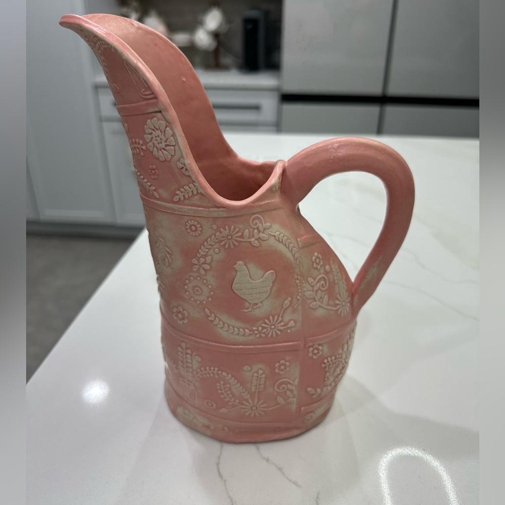 Vintage Inspired Pink Ceramic Pitcher with Embossed Floral and Chicken Design